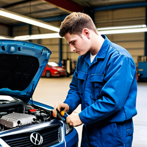 Home 11 The Workshop (Focus on Practical Learning)**
A brightly lit auto repair workshop, filled with tools and car parts. A young man, fully clothed in a professional, clean mechanic's uniform, is working on a car engine under the supervision of an older, experienced mechanic. He looks focused and determined. Other mechanics are visible in the background, working on different vehicles. The scene conveys a sense of hands-on learning and apprenticeship. "Safe for work," "appropriate content," "fully clothed," "professional," "perfect anatomy," "correct proportions," "natural pose," high-quality image, realistic lighting.
**
