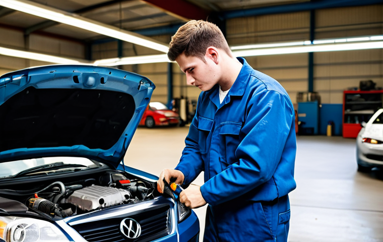 The Workshop (Focus on Practical Learning)**
A brightly lit auto repair workshop, filled with tools and car parts. A young man, fully clothed in a professional, clean mechanic's uniform, is working on a car engine under the supervision of an older, experienced mechanic. He looks focused and determined. Other mechanics are visible in the background, working on different vehicles. The scene conveys a sense of hands-on learning and apprenticeship. "Safe for work," "appropriate content," "fully clothed," "professional," "perfect anatomy," "correct proportions," "natural pose," high-quality image, realistic lighting.
**
