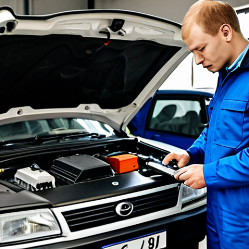 Home 6 Engine Diagnostics in a Garage**
A mechanic in a professional workshop, using a diagnostic scanner on a car engine. Tools and equipment are visible in the background. The car is a Lada or similar Russian model. Fully clothed, appropriate attire, safe for work, perfect anatomy, natural proportions, professional environment, family-friendly, well-lit.
**