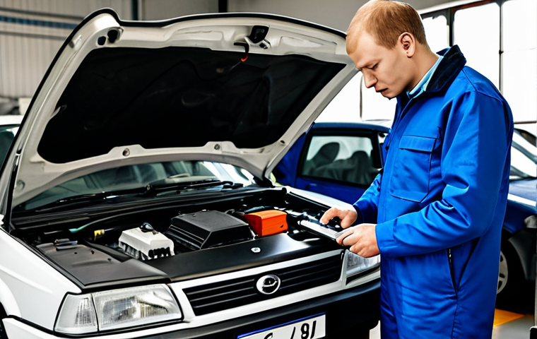 Engine Diagnostics in a Garage**
A mechanic in a professional workshop, using a diagnostic scanner on a car engine. Tools and equipment are visible in the background. The car is a Lada or similar Russian model. Fully clothed, appropriate attire, safe for work, perfect anatomy, natural proportions, professional environment, family-friendly, well-lit.
**