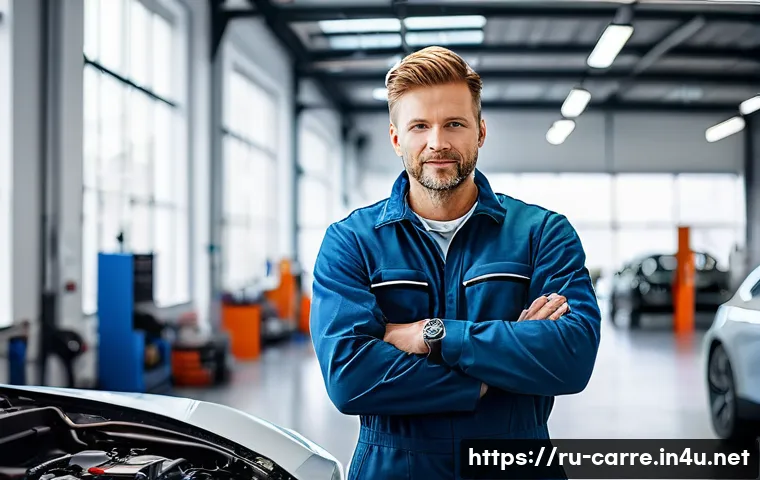 자동차정비기사 자격증으로 외국 진출 가능성 - A highly skilled male auto mechanic in his late 30s, wearing clean, professional work overalls, meti...