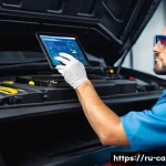 Home 17 자동차정비기사와 자동차 유지관리 전문가 차이점 - A professional automotive technician in a modern garage, wearing a clean uniform and safety glasses,...