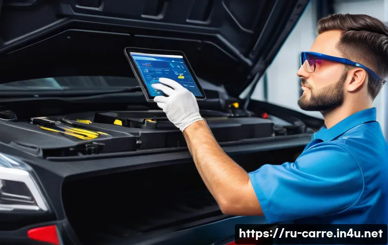 자동차정비기사와 자동차 유지관리 전문가 차이점 - A professional automotive technician in a modern garage, wearing a clean uniform and safety glasses,...