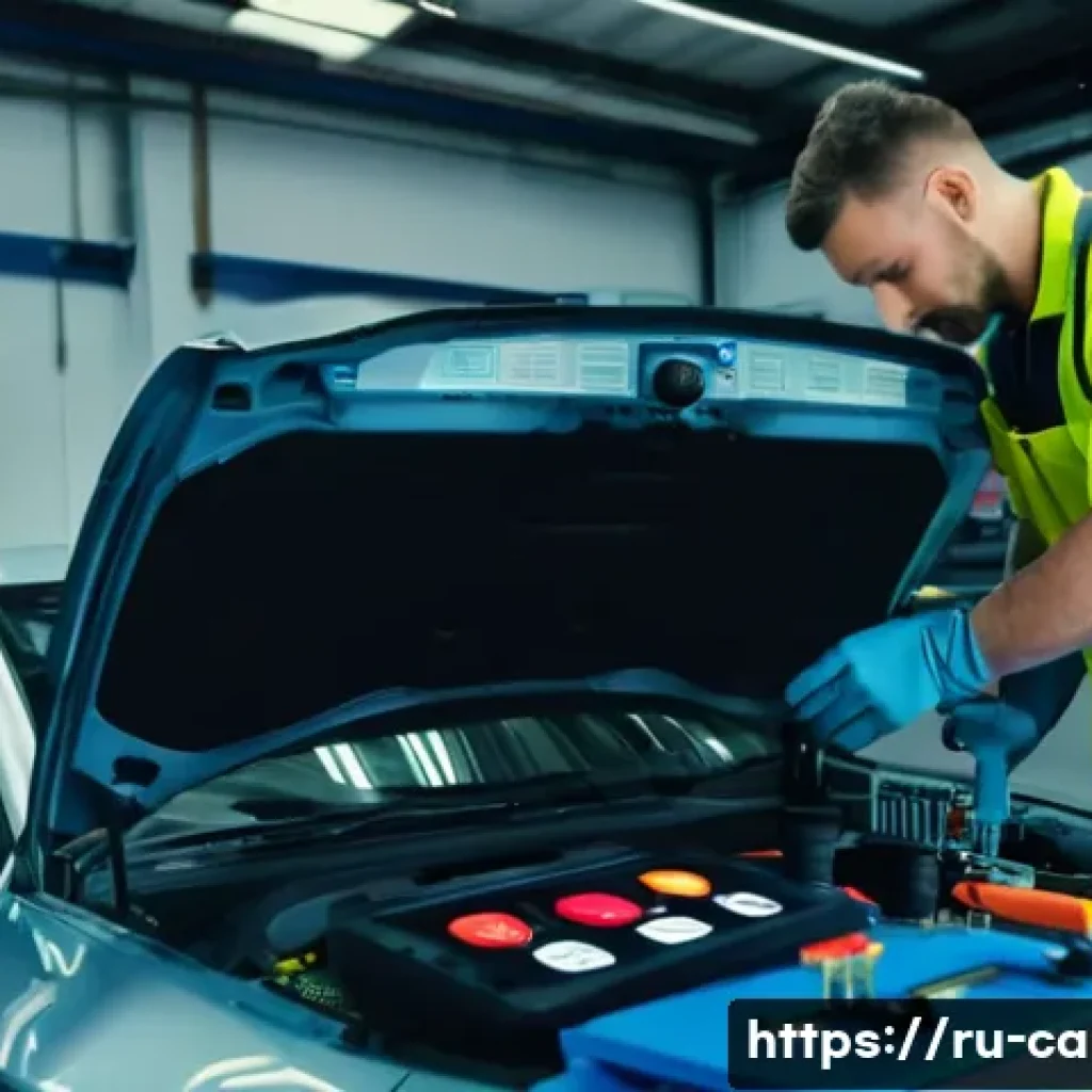 자동차정비 실무에서 발생한 재미있는 에피소드 - A detailed workshop scene showing a professional mechanic carefully inspecting a car&rsquo;s electronic al...