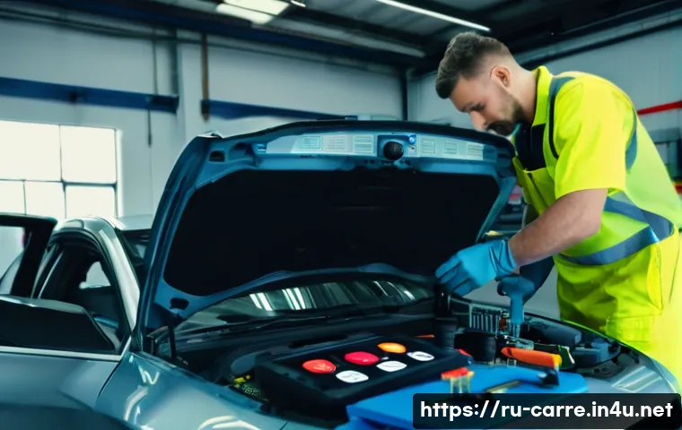 자동차정비 실무에서 발생한 재미있는 에피소드 - A detailed workshop scene showing a professional mechanic carefully inspecting a car’s electronic al...