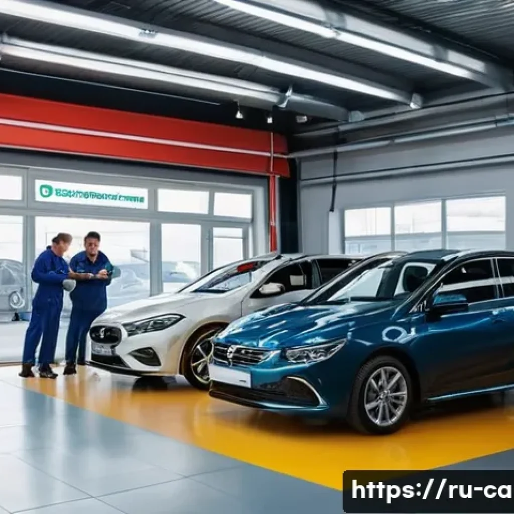 자동차정비기사 자격증으로 창업하는 법 - A modern, well-equipped stationary auto repair workshop interior with professional mechanics working...