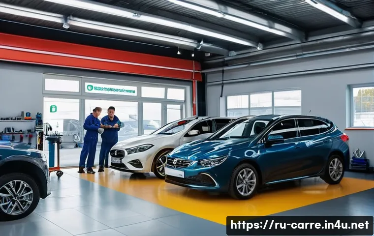 자동차정비기사 자격증으로 창업하는 법 - A modern, well-equipped stationary auto repair workshop interior with professional mechanics working...