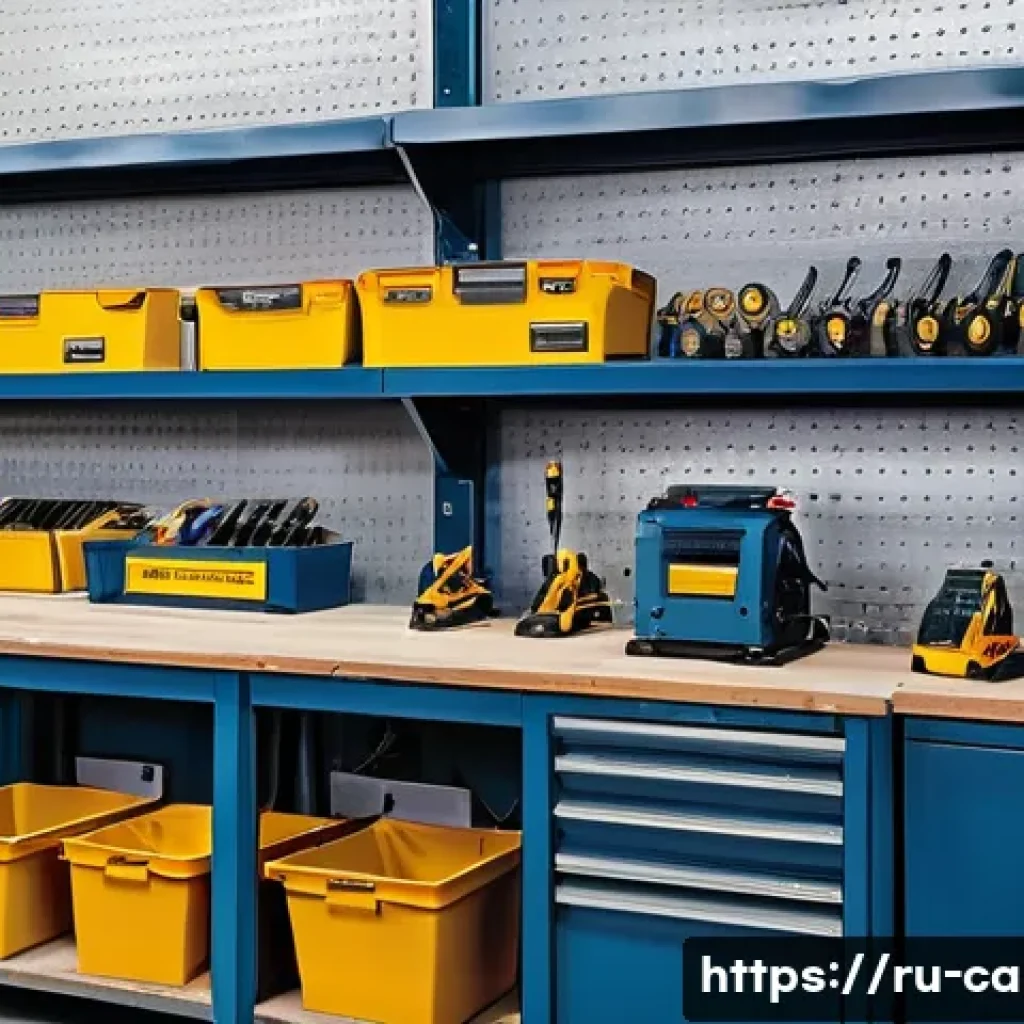 자동차정비 실무에서의 안전관리 - A well-organized automotive workshop interior showcasing ergonomic tool storage: heavy tools placed ...
