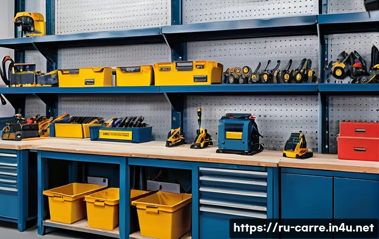 자동차정비 실무에서의 안전관리 - A well-organized automotive workshop interior showcasing ergonomic tool storage: heavy tools placed ...