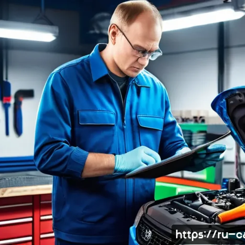 자동차정비 실무와 정비 매뉴얼 활용법 - A detailed workshop scene featuring a professional Russian mechanic using a modern diagnostic scanne...