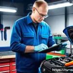 Home 22 자동차정비 실무와 정비 매뉴얼 활용법 - A detailed workshop scene featuring a professional Russian mechanic using a modern diagnostic scanne...