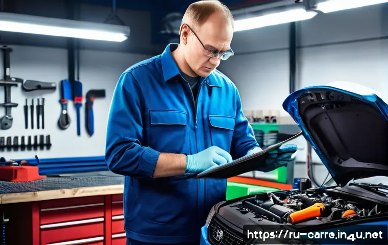 자동차정비 실무와 정비 매뉴얼 활용법 - A detailed workshop scene featuring a professional Russian mechanic using a modern diagnostic scanne...
