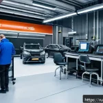 Home 21 자동차정비 실무에서의 품질관리 노하우 - A modern automotive service workshop interior in Russia, featuring advanced electronic diagnostic eq...