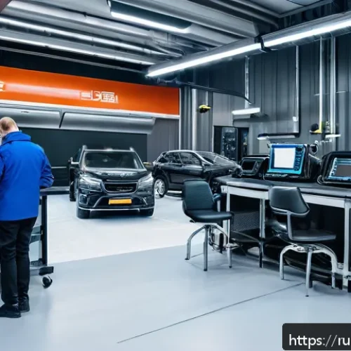 Home 33 자동차정비 실무에서의 품질관리 노하우 - A modern automotive service workshop interior in Russia, featuring advanced electronic diagnostic eq...