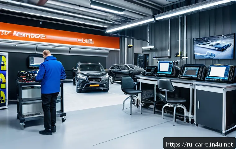 자동차정비 실무에서의 품질관리 노하우 - A modern automotive service workshop interior in Russia, featuring advanced electronic diagnostic eq...