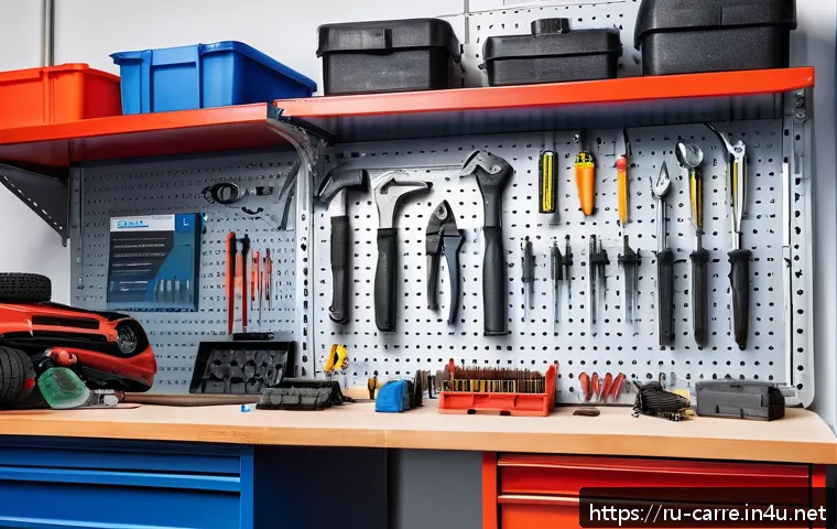 자동차정비 실기시험 팁과 유의사항 - A highly organized automotive workshop workspace for a practical car repair exam, featuring a clean ...