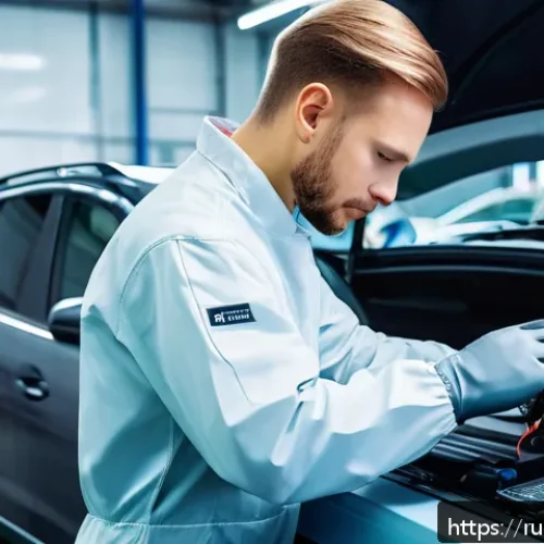 Home 30 자동차정비 기술 향상을 위한 자격증 추천 - A skilled automotive technician in a modern Russian car repair shop, wearing protective coveralls an...