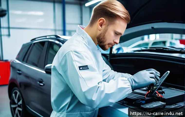 자동차정비 기술 향상을 위한 자격증 추천 - A skilled automotive technician in a modern Russian car repair shop, wearing protective coveralls an...